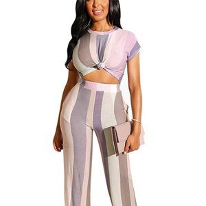 Colorful Striped Crop Top Two Piece Pant Outfit